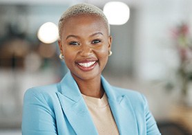 a professional woman in a light blue business suit